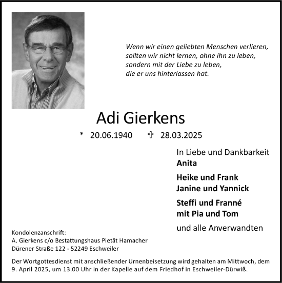 Traueranzeige von Adi Gierkens von Zeitung am Sonntag