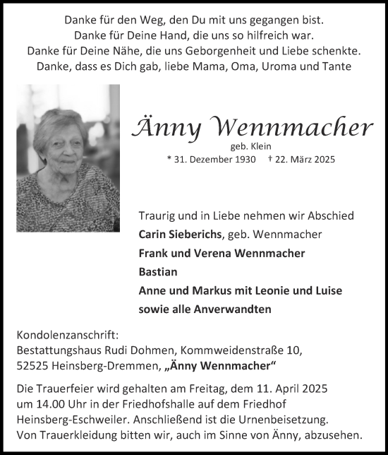 Traueranzeige von Änny Wennmacher von Zeitung am Sonntag