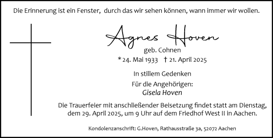 Traueranzeige von Agnes Hoven von Aachener Zeitung