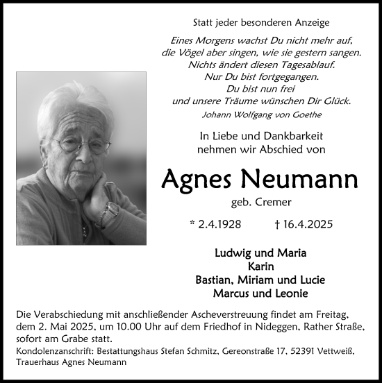 Traueranzeige von Agnes Neumann von Zeitung am Sonntag