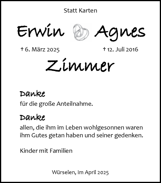 Traueranzeige von Agnes Zimmer von Zeitung am Sonntag