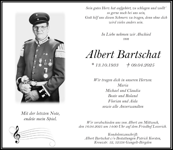 Traueranzeige von Albert Bartschat von Aachener Zeitung