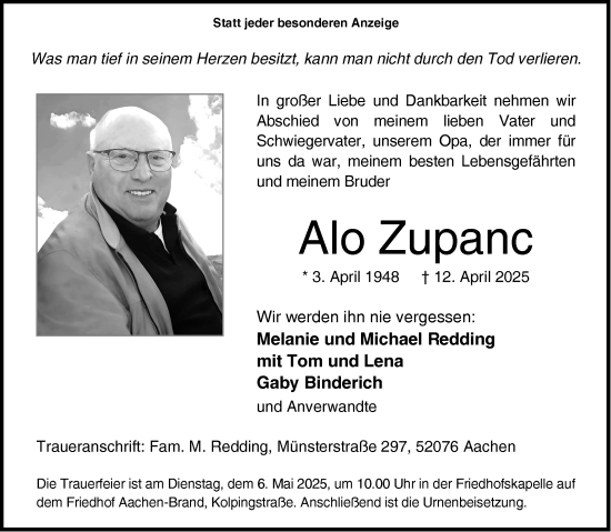 Traueranzeige von Alo Zupanc von Aachener Zeitung
