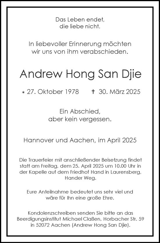 Traueranzeige von Andrew Hong San Djie von Zeitung am Sonntag