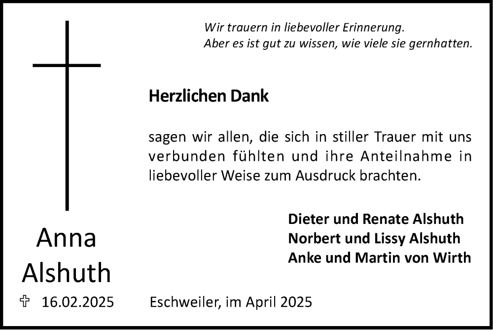  Traueranzeige für Anna Alshuth vom 13.04.2025 aus Zeitung am Sonntag