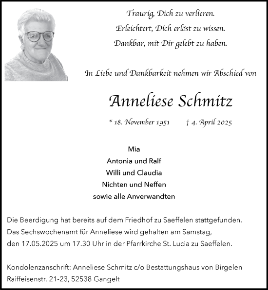 Traueranzeige von Anneliese Schmitz von Zeitung am Sonntag