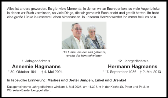 Traueranzeige von Annemie Hagmanns von Zeitung am Sonntag