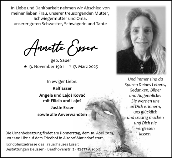 Traueranzeige von Annette Esser von Zeitung am Sonntag