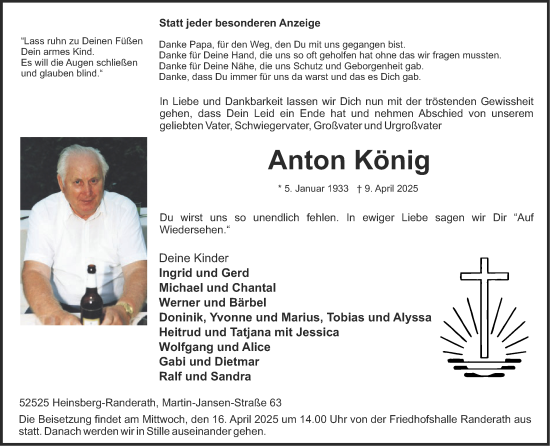 Traueranzeige von Anton König von Zeitung am Sonntag