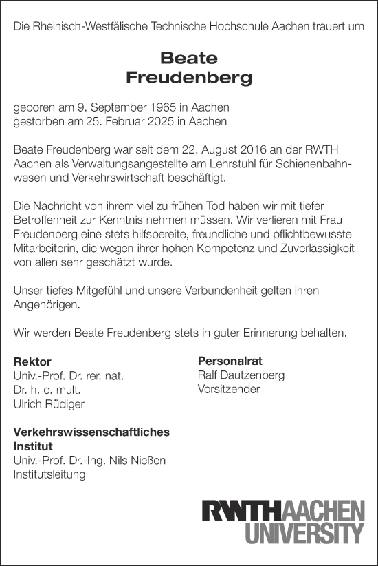 Traueranzeige von Beate Freudenberg von Aachener Zeitung