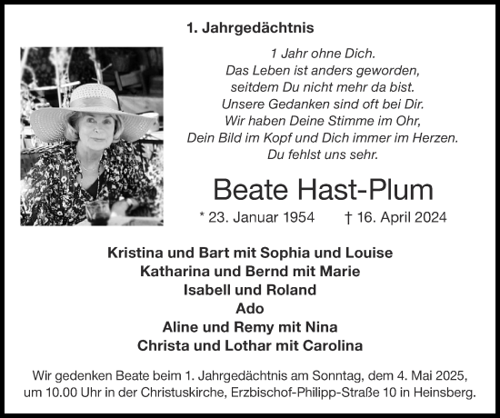 Traueranzeige von Beate Hast-Plum von Zeitung am Sonntag