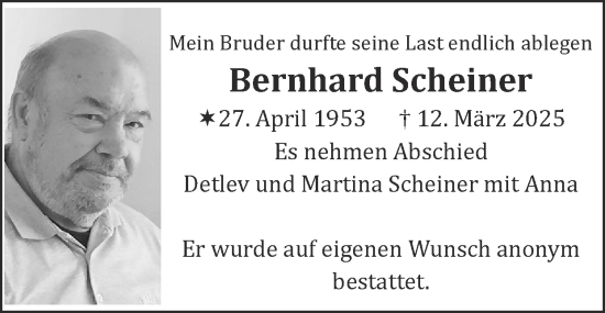 Traueranzeige von Bernhard Scheiner von Zeitung am Sonntag