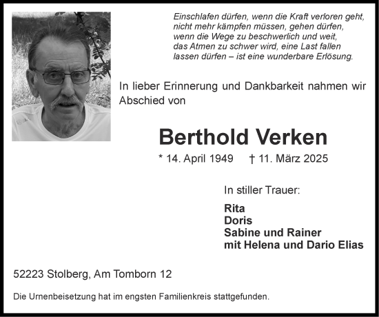 Traueranzeige von Berthold Verken von Zeitung am Sonntag