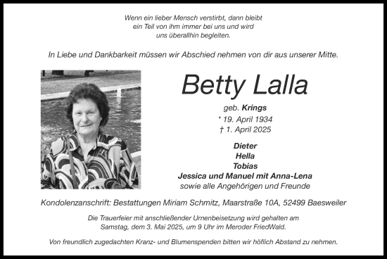 Traueranzeige von Betty Lalla von Zeitung am Sonntag
