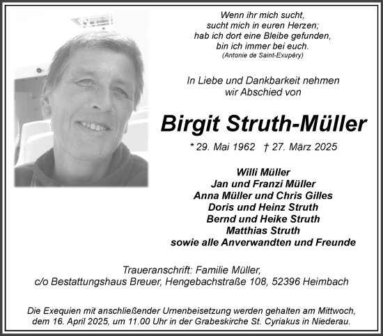 Traueranzeige von Birgit Struth-Müller von Zeitung am Sonntag