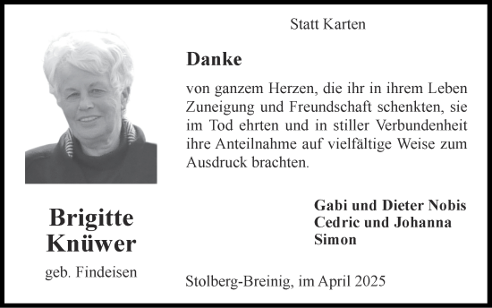 Traueranzeige von Brigitte Knüwer von Zeitung am Sonntag