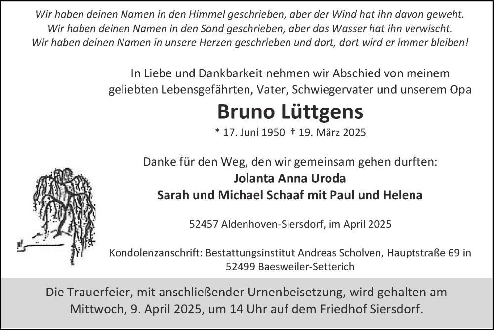  Traueranzeige für Bruno Lüttgens vom 06.04.2025 aus Zeitung am Sonntag