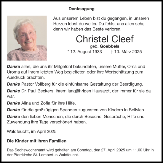 Traueranzeige von Christel Cleef von Zeitung am Sonntag