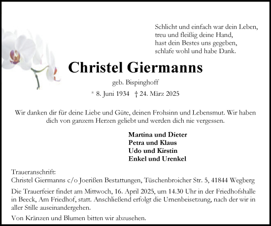 Traueranzeige von Christel Giermanns von Zeitung am Sonntag