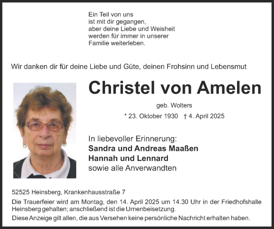 Traueranzeige von Christel von Amelen von Zeitung am Sonntag