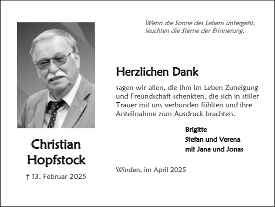 Traueranzeige von Christian Hopfstock von Zeitung am Sonntag