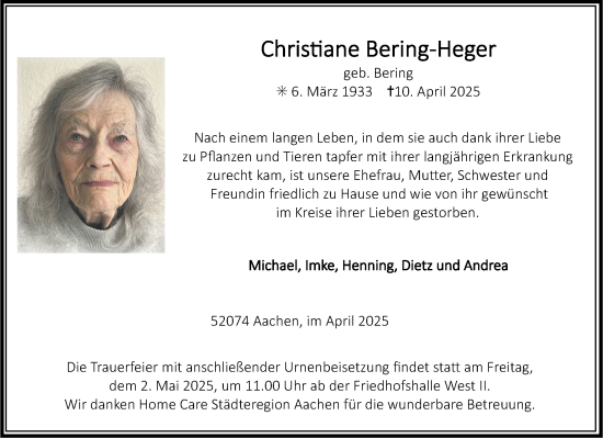 Traueranzeige von Christiane Bering-Heger von Aachener Zeitung
