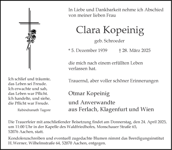Traueranzeige von Clara Kopeinig von Aachener Zeitung