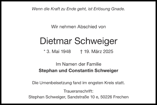 Traueranzeige von Dietmar Schweiger von Zeitung am Sonntag