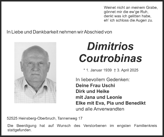 Traueranzeige von Dimitrios Coutrobinas von Zeitung am Sonntag
