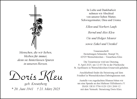 Traueranzeige von Doris Kleu von Aachener Zeitung