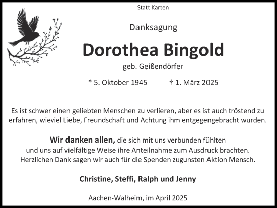Traueranzeige von Dorothea Bingold von Zeitung am Sonntag