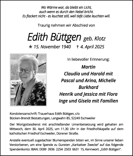 Traueranzeige von Edith Büttgen von Zeitung am Sonntag