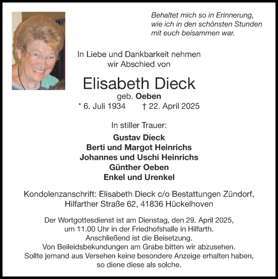 Traueranzeige von Elisabeth Dieck von Zeitung am Sonntag