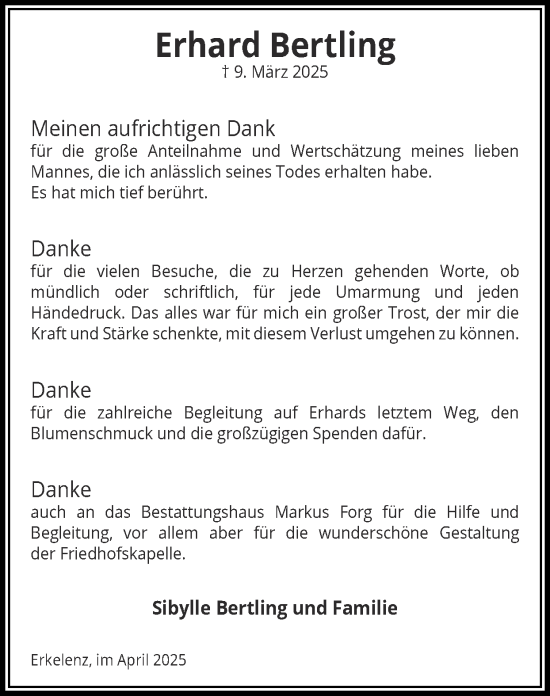 Traueranzeige von Erhard Bertling von Zeitung am Sonntag