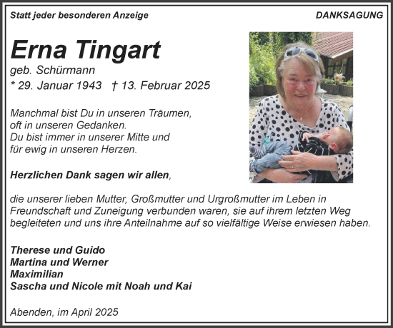 Traueranzeige von Erna Tingart von Zeitung am Sonntag