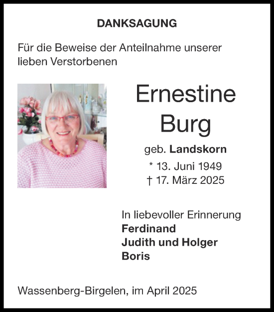 Traueranzeige von Ernestine Burg von Zeitung am Sonntag
