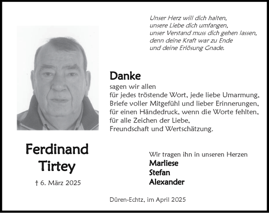 Traueranzeige von Ferdinand Tirtey von Zeitung am Sonntag
