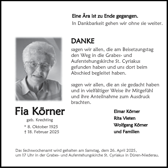 Traueranzeige von Fia Körner von Zeitung am Sonntag