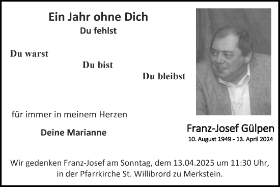 Traueranzeige von Franz-Josef Gülpen von Zeitung am Sonntag