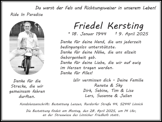 Traueranzeige von Friedel Kersting von Zeitung am Sonntag