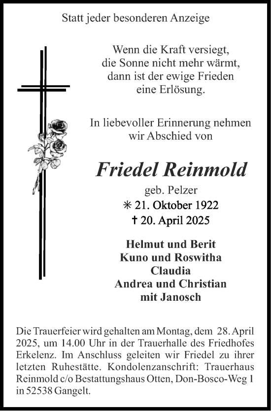 Traueranzeige von Friedel Reinmold von Zeitung am Sonntag