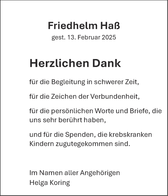 Traueranzeige von Friedhelm Haß von Zeitung am Sonntag