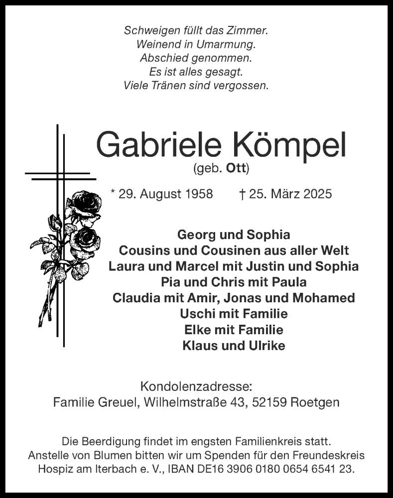  Traueranzeige für Gabriele Kömpel vom 06.04.2025 aus Zeitung am Sonntag