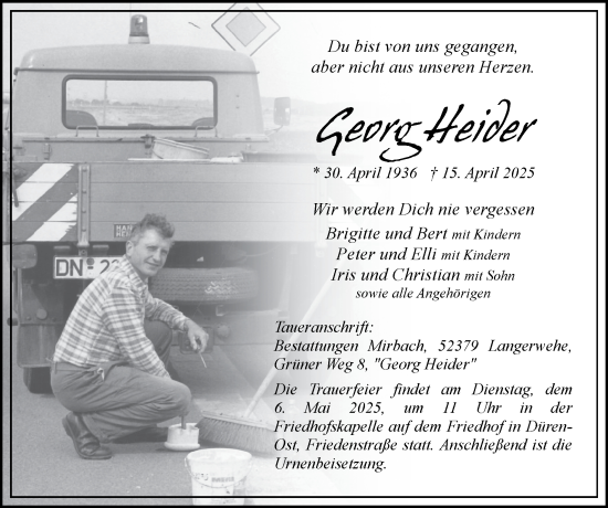 Traueranzeige von Georg Heider von Zeitung am Sonntag