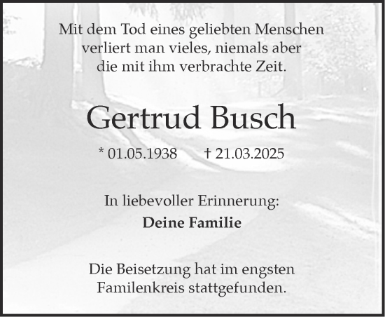 Traueranzeige von Gertrud Busch von Zeitung am Sonntag