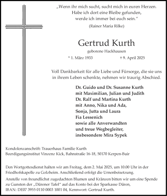 Traueranzeige von Gertrud Kurth von Zeitung am Sonntag