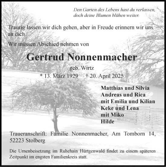 Traueranzeige von Gertrud Nonnenmacher von Zeitung am Sonntag