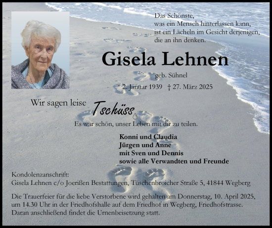 Traueranzeige von Gisela Lehnen von Zeitung am Sonntag