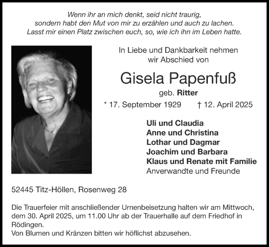 Traueranzeige von Gisela Papenfuß von Zeitung am Sonntag