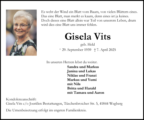 Traueranzeige von Gisela Vits von Zeitung am Sonntag